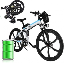 Eloklem Folding Electric Mountain Bike Folding Electric Bike, 26”Electric Mountain Bike for adults Electric Bicycle with Removable 36V 8Ah 250W Lithium-Ion Battery 21-Speed Ebike with Three Working Modes (White-blue)