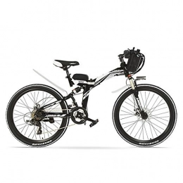 LANKELEISI Folding Electric Mountain Bike LANKELEISI K660 26 Inches Strong Powerful E Bike, 48V 12AH 240W Motor, Full Suspension High-carbon Steel Frame, Folding Electric Bicycle, Disc Brake. (Black White, 240W + 1 Spared Battery)