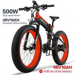 LANKELEISI Folding Electric Mountain Bike LANKELEISI XT750PLUS 48V10AH 500W Powerful Electric Bike 26 '' 4.0 Fat Tire Ebike Shimano 27 Speed Snow MTB Folding Electric Bike for Adult Female / Male (Red + 1 extra Battery)
