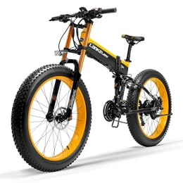 LANKELEISI Folding Electric Mountain Bike T750Plus 27 Speed 1000W Folding Electric Bike 26*4.0 Fat Bike 5 PAS Hydraulic Disc Brake 48V 10Ah Removable Lithium Battery Charging, Pedelec(Black Yellow Upgraded, 1000W + 1 Spare Battery)