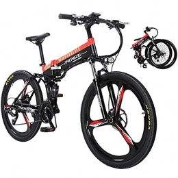 WXX 26 Inch Foldable Adult Dual Disc Brake Electric Mountain Bike Intelligent LCD Instrument 27-Speed Full Suspension Bike Adjustable Seat Off-Road Bike,Black red