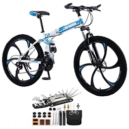 Tbagem-Yjr Bike 21 Speed 6 Knife Wheels With Dual Shock Absorbers And Dual Disc Brakes Bicycle 26 Inch Folding Mountain Bike Full Suspension MTB Foldable Frame Tool Accessories ( Color : Blue , Speed : 27speed )