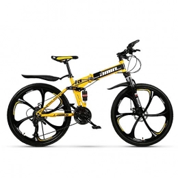 24 Inch Adult Mountain Bike, Mountain Trail Bike High Carbon Steel Folding Outroad Bicycles, Bicycle Full Suspension MTB Gears Dual Disc Brakes Mountain Bicycle,Yellow,27Speed