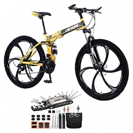 Tbagem-Yjr Folding Mountain Bike 26 Inch Dual Disc Brakes Bicycle, 30 Speed 6 Knife Wheels Folding Mountain Bike With Dual Shock Absorbers And Full Suspension MTB Foldable Frame Tool Accessories ( Color : Yellow , Speed : 21speed )