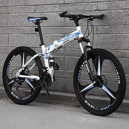 LZHi1 Folding Mountain Bike 26 Inch Folding Mountain Bike For Men And Women, 30 Speed Dual-Suspension Adult Mountain Trail Bikes, Carbon Steel Frame City Road Bikes With Dual Disc Brakes And Adjustable Seat(Color:White blue)