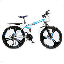 30-Speed Folding Bikes with Full Suspension MTB & Dual Disc Brakes, 24/26 Inch Student Mountain Bike for Women & Men Load Capacity 110Kg,White Blue,26 Inch