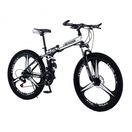 AZXV Folding Mountain Bike Adults Foldable Mountain Bike Full Suspension High-Carbon Steel MTB Bicycle， Mechanical Dual Disc Brake Non-Slip，21 / 24 / 27 / 30 Speed Optional，26 Inch Wheels 3-Spoke，M black white-21