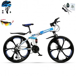 AI-QX Bike AI-QX 26" Folding Mountain Bike 30 Speed Full Suspension Bicycle Dual Disc Brake MTB, Blue