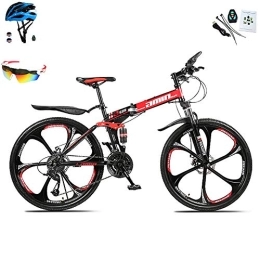 AI-QX Folding Mountain Bike AI-QX 26" Folding Mountain Bike 30 Speed Full Suspension Bicycle Dual Disc Brake MTB, Red