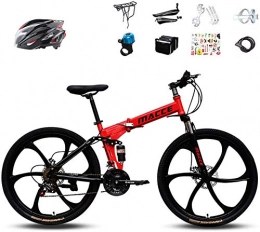 WJJH Folding Mountain Bike Bicycle Mens and Womens Folding Mountain Bike, 26-inch Bicycle Full Suspension MTB, 6-Spoke Dual Disc Brakes, With Riding Helmet, Red, 21speed