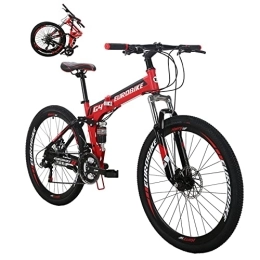EUROBIKE Bike Eurobike G4 26 Inch Adult Folding Bike, Dual Disc Brake 26 Mountain Bikes for Adults Men or Women, 21 Speed Full Suspension Foldable Mountain Bicycle (Red 32 Spoke)