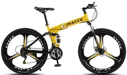 Foldable Frame Bicycle,26“ Thick Wheel Mountain Bike, Adult Three Knife Wheel Mountain Trail Bike,21 Speed Bicycle High-Carbon Steel Frame Dual Full Suspension Dual Disc Brake Yellow, 26 inches