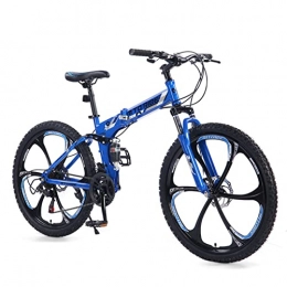AZXV Bike Foldable Mountain Bike Suspension High-Carbon Steel Bike，Mechanical Dual Disc-Brakes Shock-absorbing Shifting MTB Bicycle，21 Speeds，6-Spokes 26 Inch Wheels，for Adult blue
