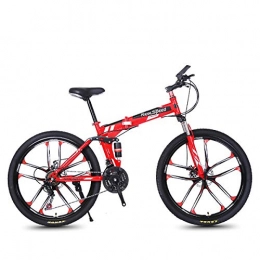 W&TT Bike Folding Mountain Bike 21 / 24 / 27 Speeds Disc Brake Off-road Bike 26 Inch Adults Magnesium Alloy Wheel Bicycles with Double Shock Absorber, Red1, 21S