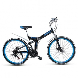 Hxx Folding Mountain Bike Folding Mountain Bike, 24" High Carbon Steel Double Suspension Frame 21 Speed Double Shock Absorption Double Disc Brakes Student Men And Women Bicycle Ten Seconds Folding, Blue