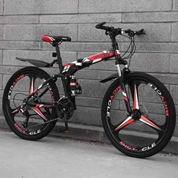 FFKL Bike Folding Mountain Bike, 24-Inch 3-Spoke Wheel Off-Road Racing Bicycle, High Carbon Steel Frame, Double Disc Brake, Men And Women, Red-21 speed
