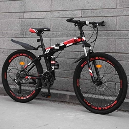 FFKL Folding Mountain Bike Folding Mountain Bike, 24-Inch Off-Road Variable Speed Racing, Adult Off-Road Bicycle, High Carbon Steel Frame, Double Disc Brake, Hard Tail Frame, Red-21 speed