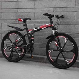 FFKL Bike Folding Mountain Bike for Adult, 26-Inch 6-Spoke Wheel Bicycle, Hard Tail Carbon Steel Frame, Bold Suspension Fork, Double Disc Brake, Red-21 speed