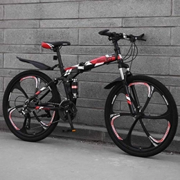 FFKL Bike Folding Mountain Bike for Adult, 26-Inch 6-Spoke Wheel Bicycle, Hard Tail Carbon Steel Frame, Bold Suspension Fork, Double Disc Brake, Red-24 speed
