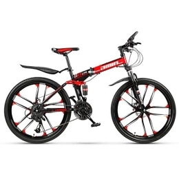 FXMJ Folding Mountain Bike Folding Mountain Bike, Full Suspension MTB Foldable Frame 26" 10 Spoke Wheels, High Carbon Steel Adult Bike, Disc Brake, Red, 21 Speed