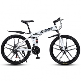 Great Folding Mountain Bike GREAT Folding Mountain Bike, 26 Inch Carbon Steel Frame 21 / 24 / 27 Speed With Dual Disc Brake Full Suspension Student Bicycle With Front And Rear Mudguard(Size:21 speed, Color:White)