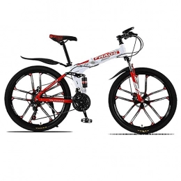 HJRBM Folding Mountain Bike HJRBM 26 Inch Outroad Bicycle， Mountain Bikes， 24 Speed Foldable Bike， High Carbon Steel Outroad Bicycles， Shock Absorption Design， MTB Bikes， for Outdoors Sport Cycling，white red fengong