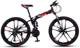HUAQINEI Folding Mountain Bike HUAQINEI Mountain Bikes, 24-inch folding mountain bike with double shock absorber racing cross-country variable speed bike ten wheels Alloy frame with Disc Brakes (Color : Black red, Size : 30 speed)
