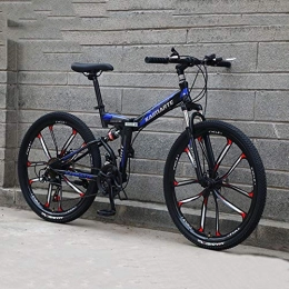 Hxl Bike Hxl 26-inch High-carbon Steel Mountain Bike Folding Soft Tail Off-road Bike Full Suspension Disc Brakes 21-speed Gear with 10 Cutter Wheels and Adjustable Seats, Blue, 24 speed