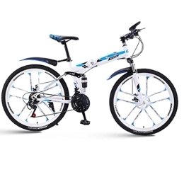 KDHX Folding Mountain Bike KDHX Mountain Bike with 26 Inch Wheels 30 Speed Foldable Bicycle High Carbon Steel Frame Soft Tail Frame Disc Brake System for Adults and Youth (Color : White blue)