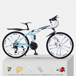 KNFBOK Folding Mountain Bike KNFBOK bikes for adults Mountain bike adult 21 speed thick steel frame folding bicycle 26 inch double shock off-road boys and girls White and blue ten-knife wheel