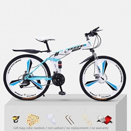 KNFBOK Folding Mountain Bike KNFBOK bikes lightweight Mountain bike adult 21 speed thick steel frame folding bicycle 26 inch double shock off-road boys and girls White and blue three-knife wheel