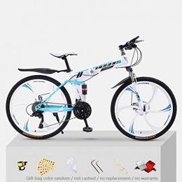KNFBOK Folding Mountain Bike KNFBOK cyclocross bike Mountain bike adult 21 speed thick steel frame folding bicycle 26 inch double shock off-road boys and girls White and blue six-knife wheel