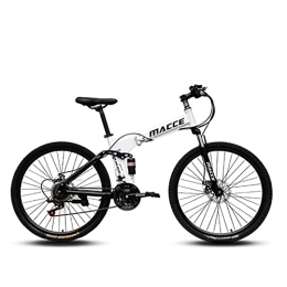 LIUXR Folding Mountain Bike LIUXR 26 inch Folding Mountain Bike, 21 / 24 / 27 Speed Full Suspension MTB Bicycle for Adult, Double Disc Brake Outroad Mountain Bicycle for Man / Woman / Teenager, White_21 Speed