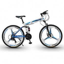 LZHi1 Folding Mountain Bike LZHi1 26 Inch Foldable Dual Suspension Mountain Bike, 30 Speed Mountain Trail Bicycles With Double Disc Brake, Carbon Steel Frame Urban Commuter City Bicycle With Adjustable Seat(Color:White blue)