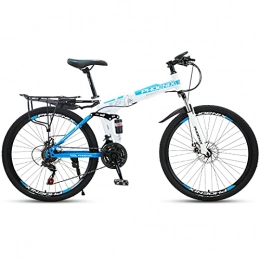 LZHi1 Folding Mountain Bike LZHi1 26 Inch Folding Mountain Bike For Women And Men, 27 Speed Full Suspension Disc Brake Mountain Trail Bicycle, High Carbon Steel Frame Outdoor Bike Commuter Bicycle(Color:White blue)