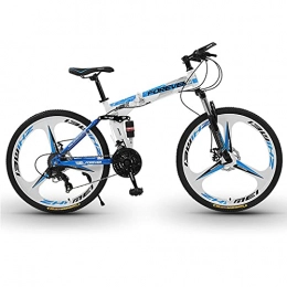 LZHi1 Folding Mountain Bike LZHi1 26 Inch Mountain Bike With Dual Suspension, 30 Speed Trail Bicycle With Double Disc Brake, Carbon Steel Frame Folding Outroad Mountain Bicycle With Adjustable Seat(Color:White blue)