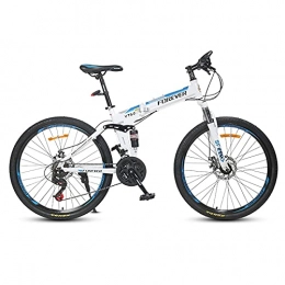 LZHi1 Folding Mountain Bike LZHi1 Foldable Adult Mountain Bike With Dual Suspension, 26 Inch 24 Speed Mountain Trail Bike, Carbon Steel Frame Double Disc Brake Outroad Mountain Bicycle For Women And Men(Color:White blue)