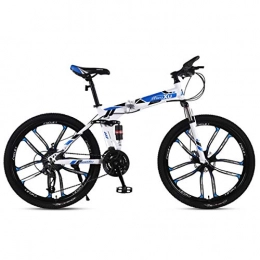 WZB Folding Mountain Bike Mountain Bike 21 / 24 / 27 Speed Steel Frame 26 Inches 10-Spoke Wheels Suspension Folding Bike, Blue, 24speed