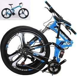 SJWR Folding Mountain Bike Mountain Bike 24 Speed Steel Frame 26 Inches Wheels Dual Suspension Folding Bike, Blue