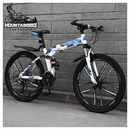 NENGGE Bike NENGGE 26 Inch Mountain Trail Bike for Adults Men and Women, Dual Suspension Mountain Bicycle with Disc Brakes, Foldable High Carbon Steel Frame, Adjustable Seat, Blue 10 Spoke, 21 Speed