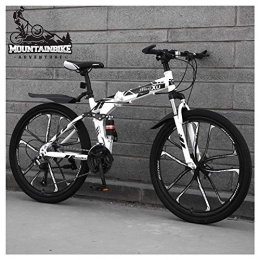 NENGGE Folding Mountain Bike NENGGE 26 Inch Mountain Trail Bike for Adults Men and Women, Dual Suspension Mountain Bicycle with Disc Brakes, Foldable High Carbon Steel Frame, Adjustable Seat, White 10 Spoke, 27 Speed
