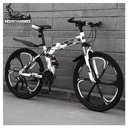 NENGGE Folding Mountain Bike NENGGE 26 Inch Mountain Trail Bike for Adults Men and Women, Dual Suspension Mountain Bicycle with Disc Brakes, Foldable High Carbon Steel Frame, Adjustable Seat, White 6 Spoke, 27 Speed