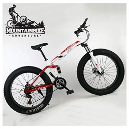 NENGGE Bike NENGGE Dual Suspension Mountain Bike with Fat Tire for Men Women, Adults Foldable Mountain Bicycle, Mechanical Disc Brakes & High Carbon Steel Frame, Adjustable Seat, Red, 24 Inch 21 Speed