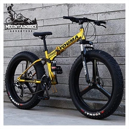 NZKW Folding Mountain Bike NZKW Dual Suspension Mountain Trail Bike with Dual Disc Brake for Men & Women, Adults Boys Girls Anti-Slip Fat Tire Mountain Bicycle, Foldable High Carbon Steel Frame, Gold, 26 Inch 21 Speed