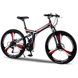 PBTRM Folding Mountain Bike PBTRM Full Suspension Folding Mountain Bike 24 Inch / 26 Inch, High Carbon Steel Soft Tail Shock-Absorbing Frame, Dual Disc Brake Mountain Bicycle for Men And Women, Black Red, 21 speed, 24 inches