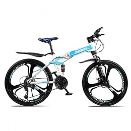 Qj Folding Mountain Bike Qj Dual Suspension Mens Bike 26inch 3-Spoke Wheels High-carbon Steel Frame Bicycle with Disc Brakes, Blue, 24Speed
