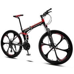 QMMD Bike QMMD Folding Mountain Bikes, 24-Inch Full Suspension Bicycle, Adult Mountain Trail Bike with Dual Disc Brake, 21-24-27-30- Speeds Anti-Slip Bikes, Bikes, Red 6 Spoke, 21 speed