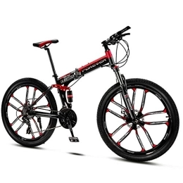 QMMD Folding Mountain Bike QMMD Mountain Bikes Adult, 26-Inch Folding Mountain Trail Bike, Dual Disc Brake Mountain Bicycle, 21-24-27-30-Speed Anti-Slip Bikes, Full Suspension Road Bike, Red 10 Spoke, 21 speed
