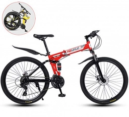 RHSMSS Folding Mountain Bike RHSMSS Folding 26 Inches Carbon Steel Bicycles, Mountain Bike, Double Shock Variable Speed Adult Bicycle, 30 Knife Spoke Wheels, Appropriate Height 160-185cm, Red, 26 in (21 speed)