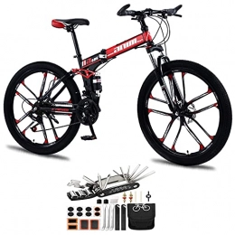 Tbagem-Yjr Folding Mountain Bike Tbagem-Yjr 26 Inch Double Shock Absorption Lightweight Folding Bicycle, 21-30 Speed Mountain Bike 10 Knife Wheels Cross Country Variable Speed Bicycle Tool Accessories (Color : Red, Speed : 27speed)